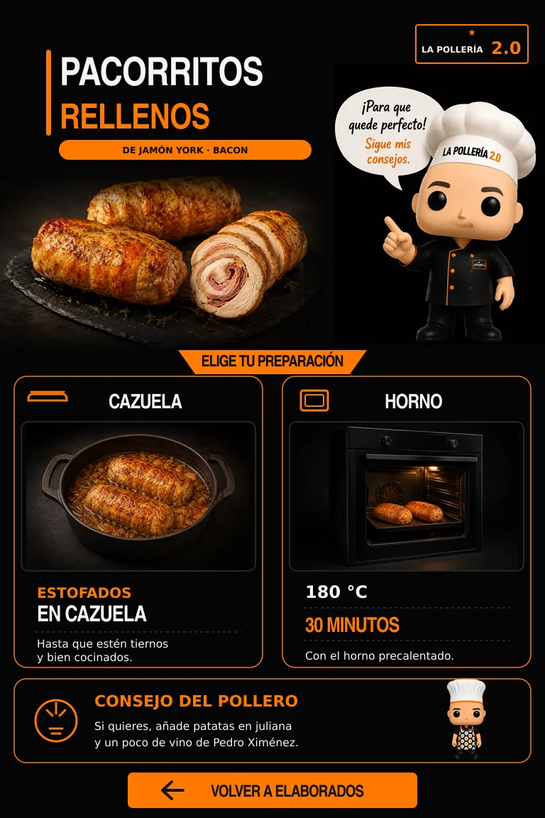 Instrucciones para cocinar Pacorritos rellenos en cazuela y horno
